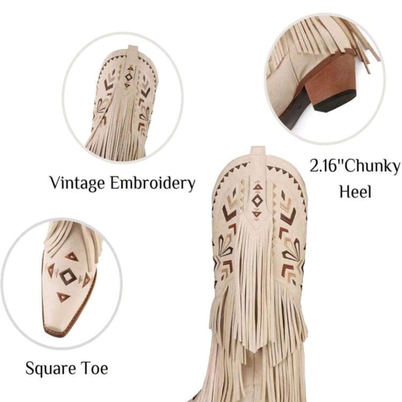 NEW RETRO FRINGE TASSEL WOMENS WESTERN BOOTS MID-CALF EMBROIDERY PLATFORM BOOTS - Picture 5 of 8